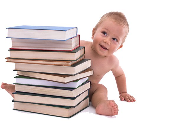 baby behind stacks of books
