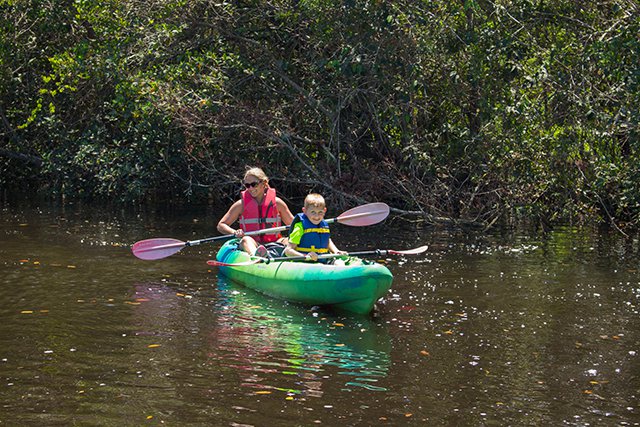 Mom and son kayaking