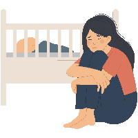 Postpartum postnatal depression, sad woman sits near a baby. Flat illustration