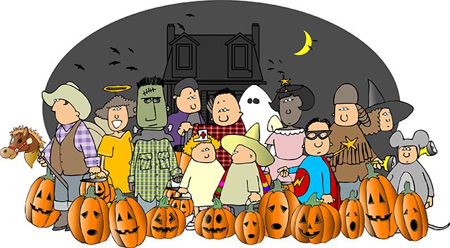 halloween ghosts and trick or treaters illustration