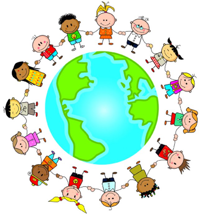 children holding hands around globe