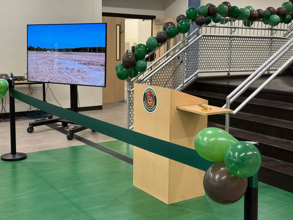 Podium at the ribbon cutting event at Bear Creek Elementary School